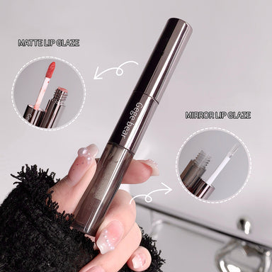 Cigebeau lip gloss held by a hand with close-up insets of matte and mirror finishes.