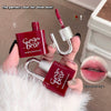 Red lip gloss with 'Gee Bear' branding held by a hand, with close-up of lips wearing the gloss.