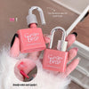 Pink lip gloss with lock design held by a hand, labeled 'Gege bear'.